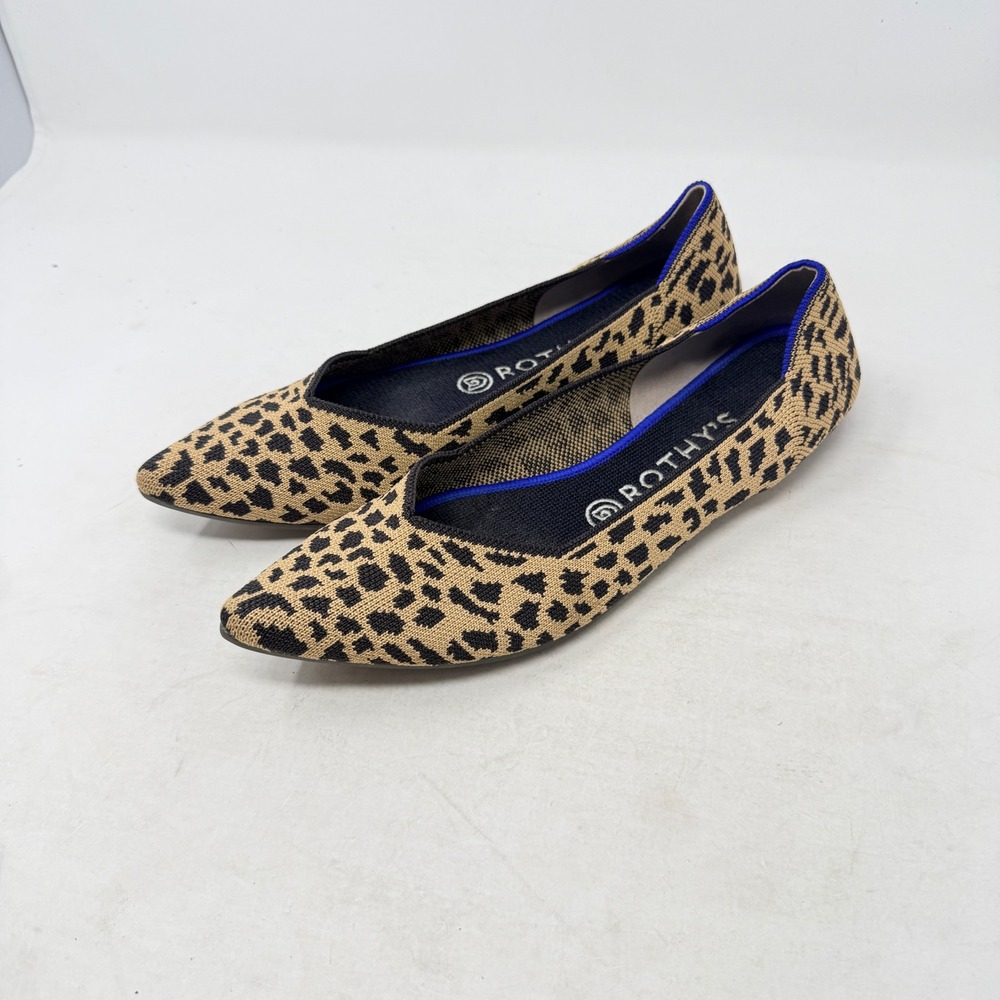 Rothys The Point Flats Leopard Brown 9.5 Pointed Toe Animal Print Washable Shoes